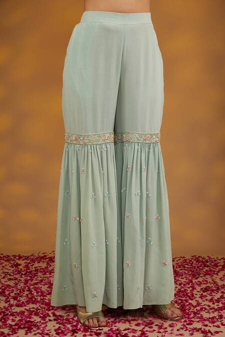 House Of Supriya_Blue Organza, Sequins, Gardenia Zardozi Embroidered Kurta Sharara Set _Online_at_Aza_Fashions