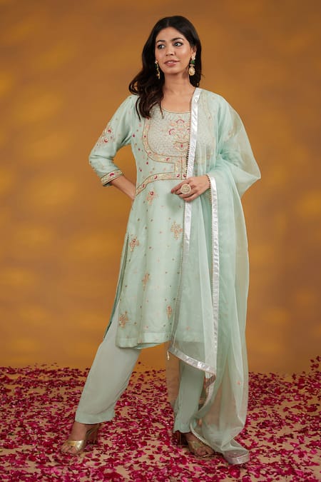 HOUSE OF SUPRIYA Blue Kurta And Dupatta Silk Organza Embroidery Zardozi Mughal Gul Pant Set 