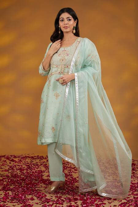 House Of Supriya_Blue Organza, Sequins, Pearls, Mughal Gul Zardozi Kurta Pant Set _Online_at_Aza_Fashions
