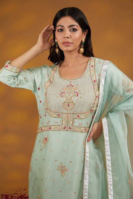 Shop_House Of Supriya_Blue Organza, Sequins, Pearls, Mughal Gul Zardozi Kurta Pant Set _Online_at_Aza_Fashions
