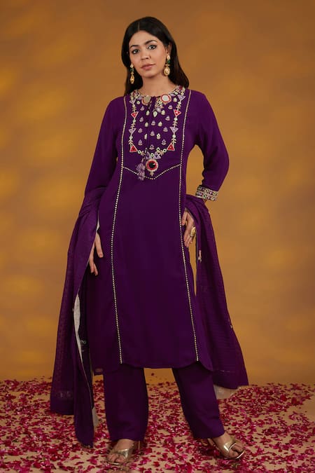 House Of Supriya_Purple Georgette, Denim Mirrors, Zari Zardozi And Embroidered Kurta Pant Set _Online_at_Aza_Fashions
