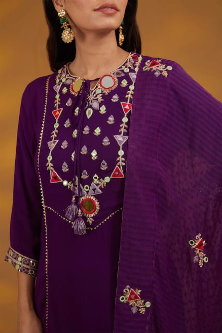 Shop_House Of Supriya_Purple Georgette, Denim Mirrors, Zari Zardozi And Embroidered Kurta Pant Set _Online_at_Aza_Fashions