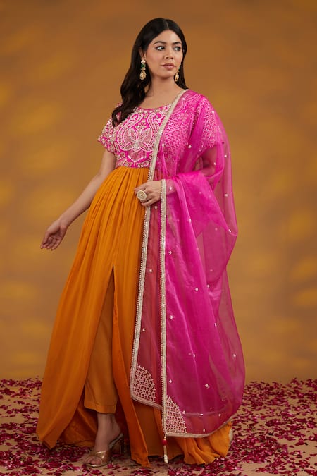 House Of Supriya_Yellow Georgette, Organza, Denim Sequins, Florid Embroidered Anarkali Set _Online_at_Aza_Fashions