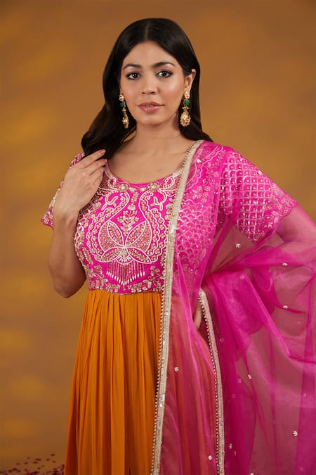 Shop_House Of Supriya_Yellow Georgette, Organza, Denim Sequins, Florid Embroidered Anarkali Set _Online_at_Aza_Fashions