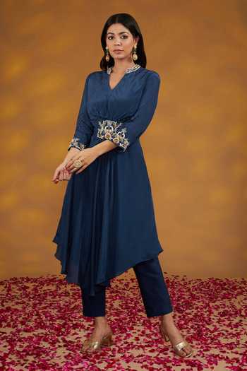 House Of Supriya_Blue Crepe Sequins, Zari Mandarin Collar Ambrosia Embroidered Kurta With Pant _Online_at_Aza_Fashions