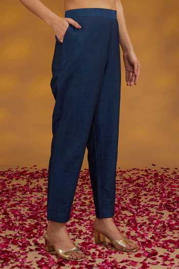 Buy_House Of Supriya_Blue Crepe Sequins, Zari Mandarin Collar Ambrosia Embroidered Kurta With Pant _Online_at_Aza_Fashions