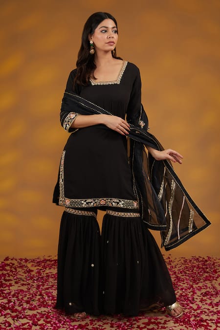House Of Supriya_Black Georgette, Denim, Organza Flora Zardozi Embroidered Kurta Sharara Set _Online_at_Aza_Fashions