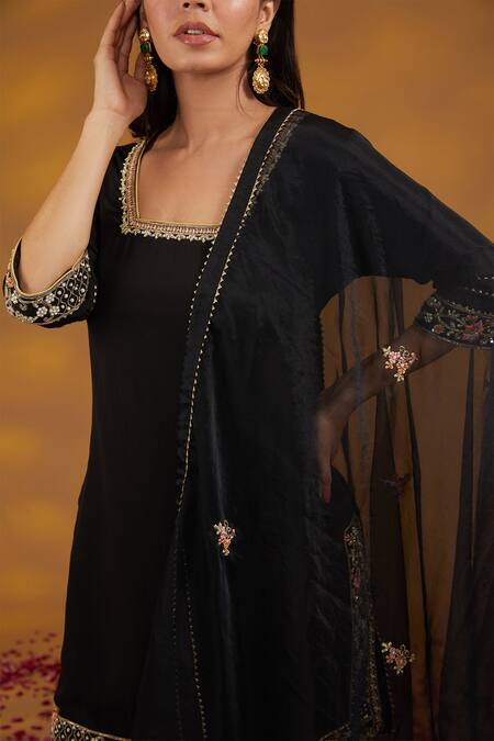 Shop_House Of Supriya_Black Georgette, Denim, Organza Flora Zardozi Embroidered Kurta Sharara Set _Online_at_Aza_Fashions