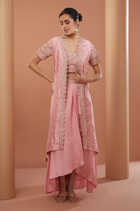 HOUSE OF SUPRIYA Pink Skirt Crepe Embroidery Dori Open Neck Padma Bandhej Shrug Set 