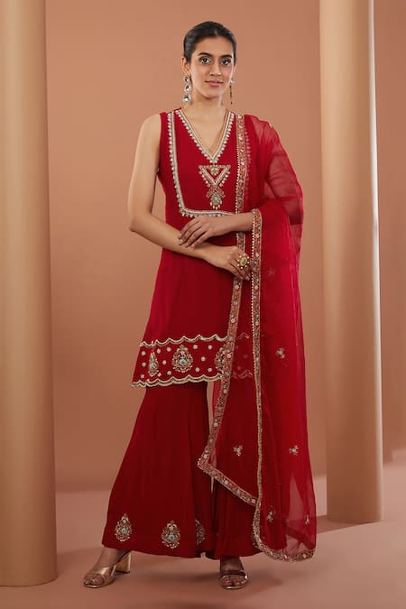 HOUSE OF SUPRIYA Red Kurta And Pant Georgette Embroidery Zardozi V Neck Set 