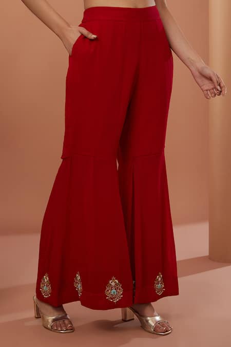 Buy_House Of Supriya_Red Georgette, Organza Beads, Zari V-neck Zardozi Embroidered Kurta Set _Online_at_Aza_Fashions