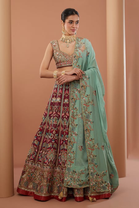 HOUSE OF SUPRIYA Wine Lehenga And Blouse Raw Silk Embroidery Zardozi Sweetheart Neck Bridal Set 