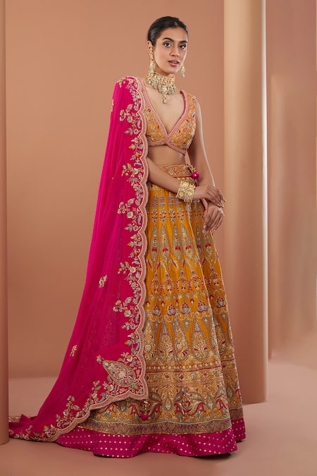 House Of Supriya Yellow Silk, Georgette Sequins, Zari Raw Floral Embroidered Bridal Lehenga Set Online at Aza Fashions House Of Supriya_Yellow Silk, Georgette Sequins, Zari Raw Floral Embroidered Bridal Lehenga Set _Online_at_Aza_Fashions