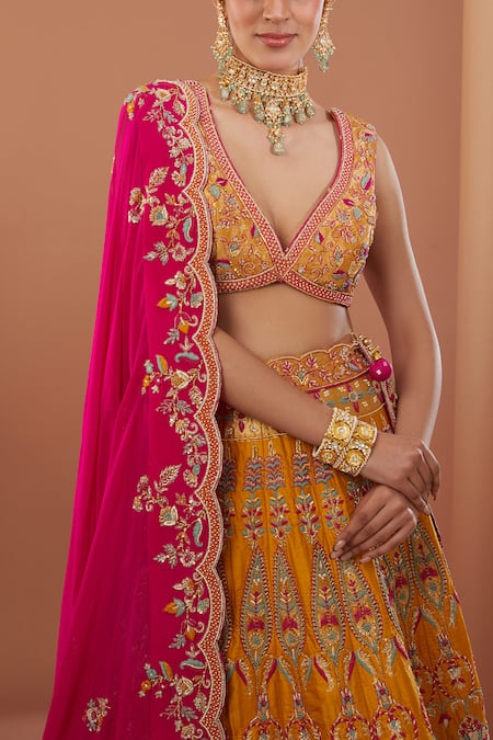 Shop House Of Supriya Yellow Silk, Georgette Sequins, Zari Raw Floral Embroidered Bridal Lehenga Set Online at Aza Fashions Shop_House Of Supriya_Yellow Silk, Georgette Sequins, Zari Raw Floral Embroidered Bridal Lehenga Set _Online_at_Aza_Fashions