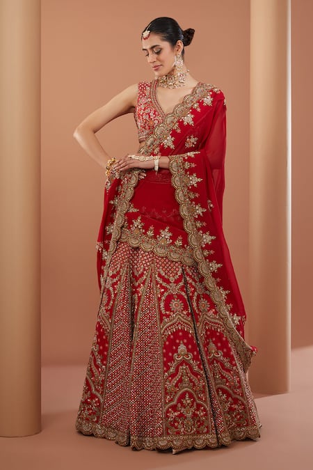 HOUSE OF SUPRIYA Red Lehenga And Blouse Raw Silk Embroidery Zardozi Leaf Neck Work Bridal Set 