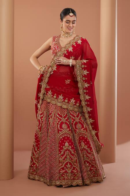 House Of Supriya_Red Leatherette, Silk, Georgette Sequins, Beads, Zardozi Work Bridal Lehenga Set _Online_at_Aza_Fashions