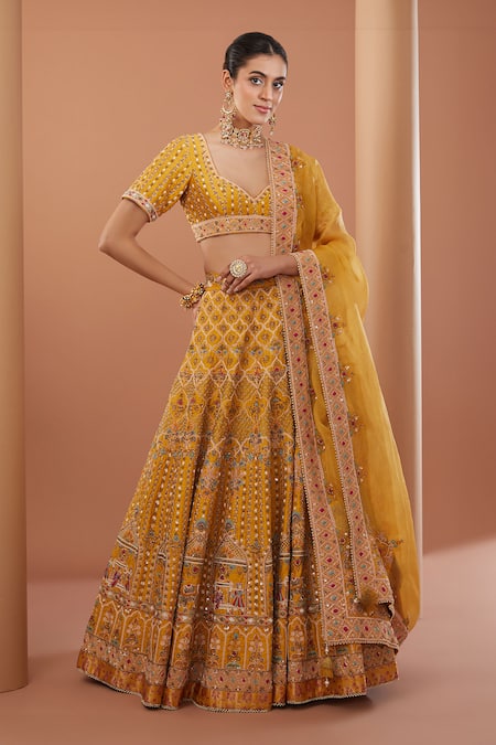 HOUSE OF SUPRIYA Yellow Lehenga And Blouse Raw Silk Embroidery Zardozi Mughal Pattern Bridal Set 