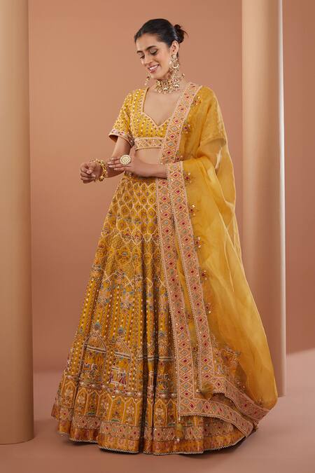 House Of Supriya_Yellow , Organza Sequins, Beads, Mughal Embroidered Bridal Lehenga Set _Online_at_Aza_Fashions
