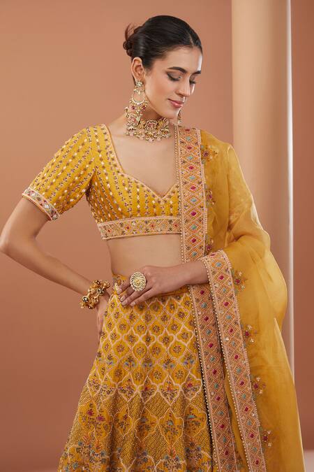 Shop_House Of Supriya_Yellow , Organza Sequins, Beads, Mughal Embroidered Bridal Lehenga Set _Online_at_Aza_Fashions