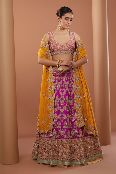 HOUSE OF SUPRIYA Purple Lehenga And Blouse Raw Silk Embroidery Zardozi Floral Hand Bridal Set 