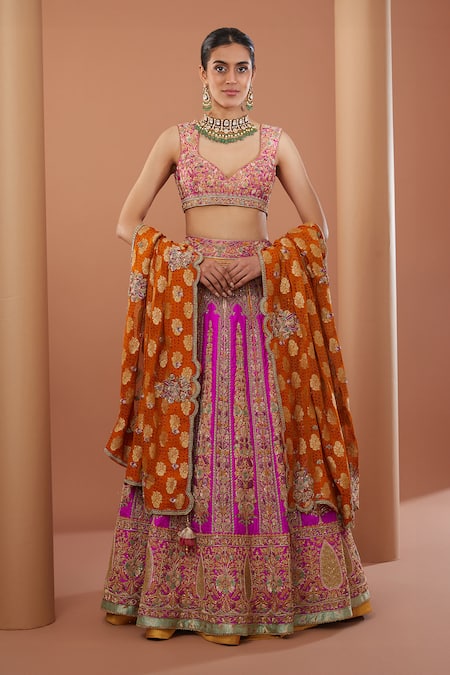 HOUSE OF SUPRIYA Purple Lehenga And Blouse Raw Silk Embroidery Zardozi Floral Stripe Set 