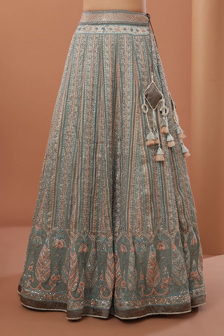 House Of Supriya_Grey , , Sequins, Beads, Stripe Embroidered Lehenga Set _Online_at_Aza_Fashions