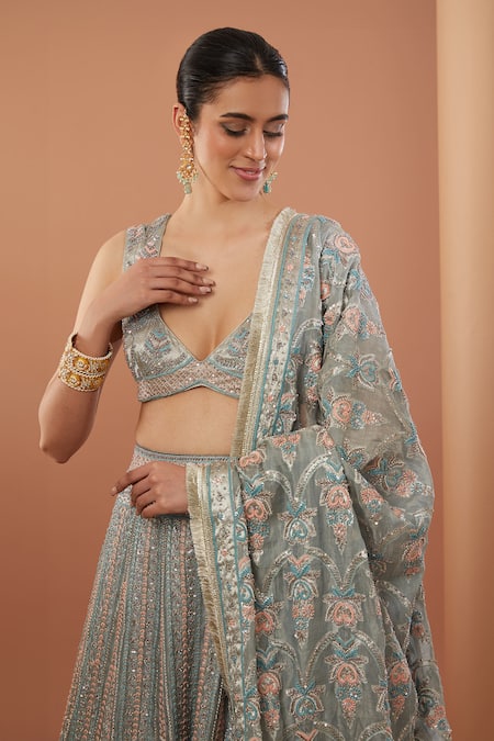 Buy_House Of Supriya_Grey , , Sequins, Beads, Stripe Embroidered Lehenga Set _Online_at_Aza_Fashions