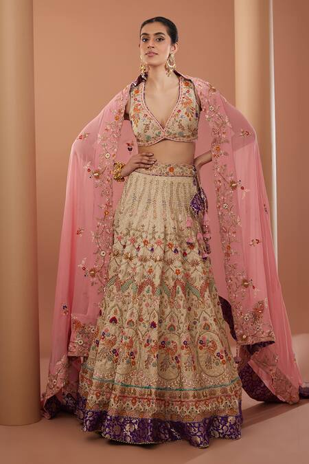 House Of Supriya_Beige Silk, Georgette Zari, Sequins V-neck Embroidered Raw Lehenga Set _Online_at_Aza_Fashions