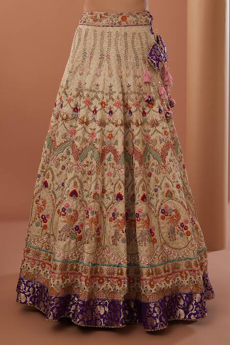 Buy_House Of Supriya_Beige Silk, Georgette Zari, Sequins V-neck Embroidered Raw Lehenga Set _Online_at_Aza_Fashions