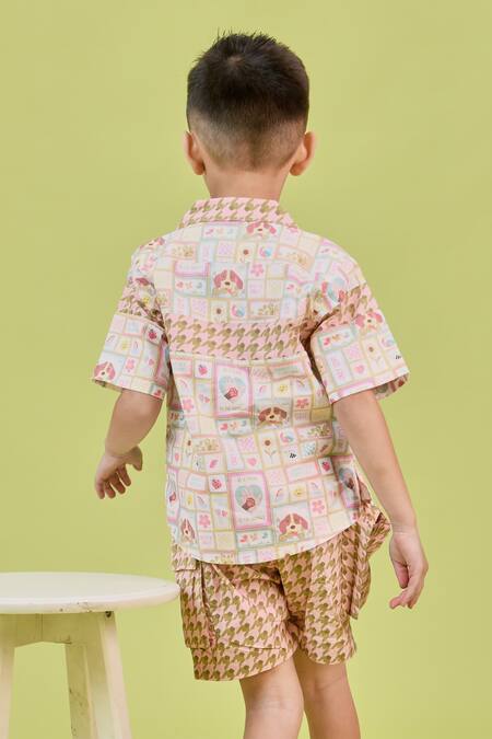 Shop Little Shiro Green Poplin, Cotton Mosaic Animal Love Print Shirt With Shorts at Aza Fashions Shop_Little Shiro_Green Poplin, Cotton Mosaic Animal Love Print Shirt With Shorts_at_Aza_Fashions