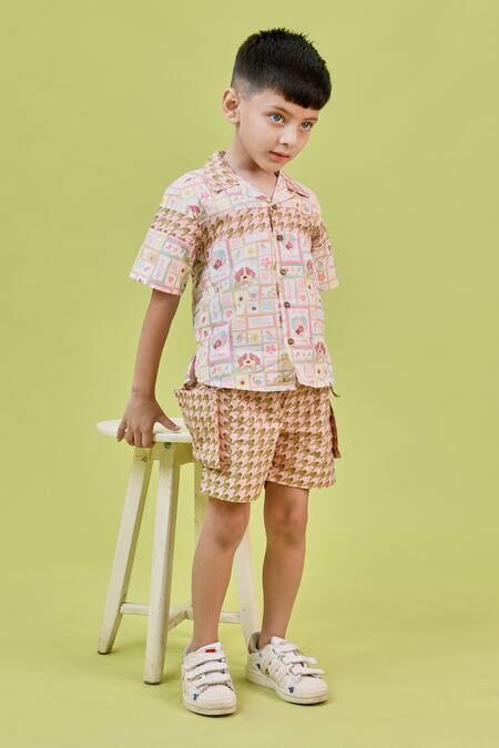Buy Little Shiro Green Poplin, Cotton Mosaic Animal Love Print Shirt With Shorts Online at Aza Fashions Buy_Little Shiro_Green Poplin, Cotton Mosaic Animal Love Print Shirt With Shorts_Online_at_Aza_Fashions