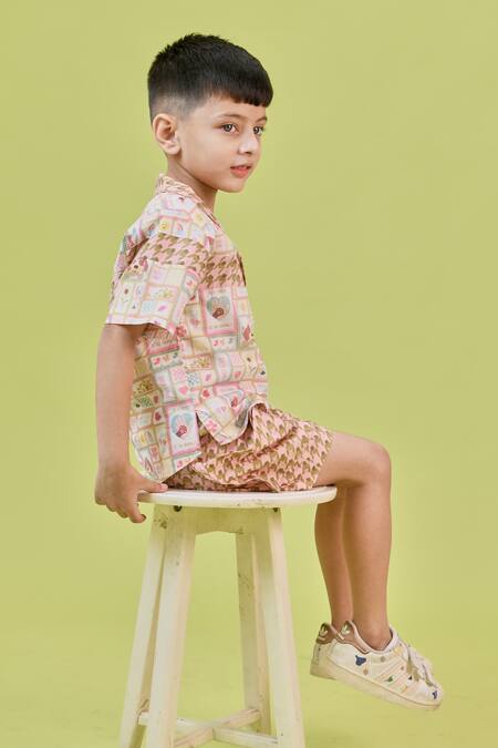 Shop Little Shiro Green Poplin, Cotton Mosaic Animal Love Print Shirt With Shorts Online at Aza Fashions Shop_Little Shiro_Green Poplin, Cotton Mosaic Animal Love Print Shirt With Shorts_Online_at_Aza_Fashions