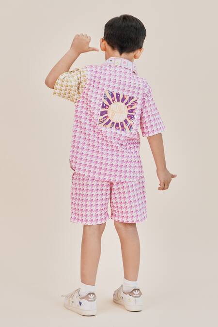 Shop Little Shiro Purple Cotton, Poplin Patchwork Mosaic Puppy Love Print Shirt With Shorts at Aza Fashions Shop_Little Shiro_Purple Cotton, Poplin Patchwork Mosaic Puppy Love Print Shirt With Shorts_at_Aza_Fashions
