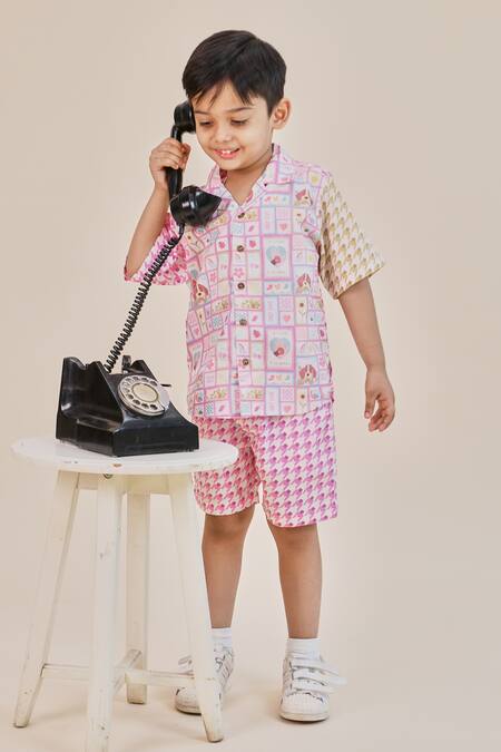 Little Shiro Purple Cotton, Poplin Patchwork Mosaic Puppy Love Print Shirt With Shorts Online at Aza Fashions Little Shiro_Purple Cotton, Poplin Patchwork Mosaic Puppy Love Print Shirt With Shorts_Online_at_Aza_Fashions