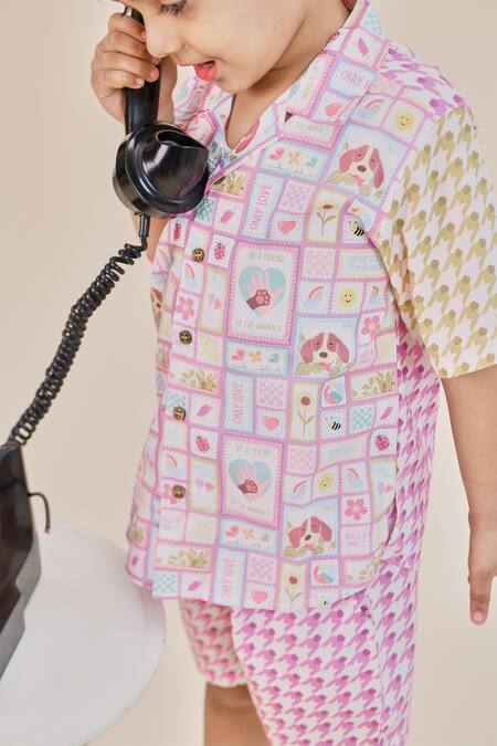Shop Little Shiro Purple Cotton, Poplin Patchwork Mosaic Puppy Love Print Shirt With Shorts Online at Aza Fashions Shop_Little Shiro_Purple Cotton, Poplin Patchwork Mosaic Puppy Love Print Shirt With Shorts_Online_at_Aza_Fashions