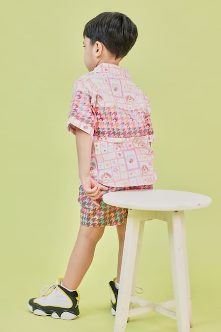 Little Shiro_Pink Poplin, Cotton Puppy Love And Houndstooth Print Shirt With Shorts_Online_at_Aza_Fashions