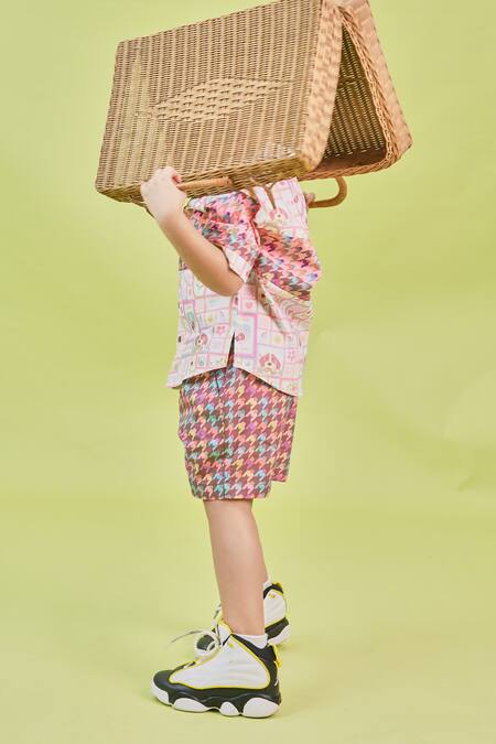 Buy_Little Shiro_Pink Poplin, Cotton Puppy Love And Houndstooth Print Shirt With Shorts_Online_at_Aza_Fashions