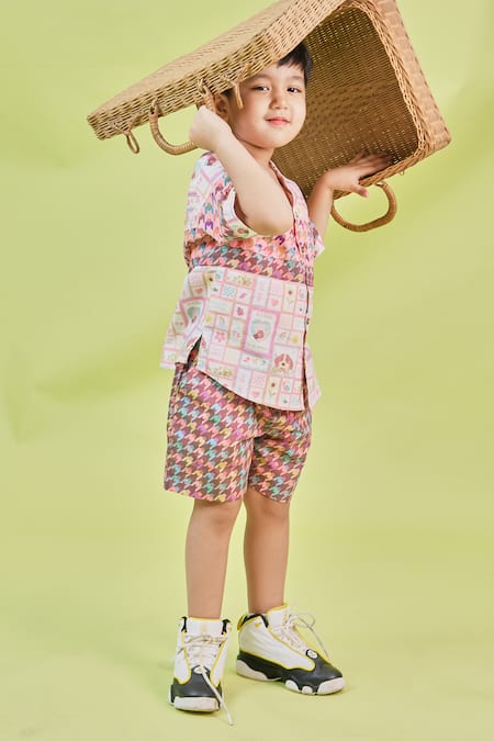 Shop_Little Shiro_Pink Poplin, Cotton Puppy Love And Houndstooth Print Shirt With Shorts_Online_at_Aza_Fashions