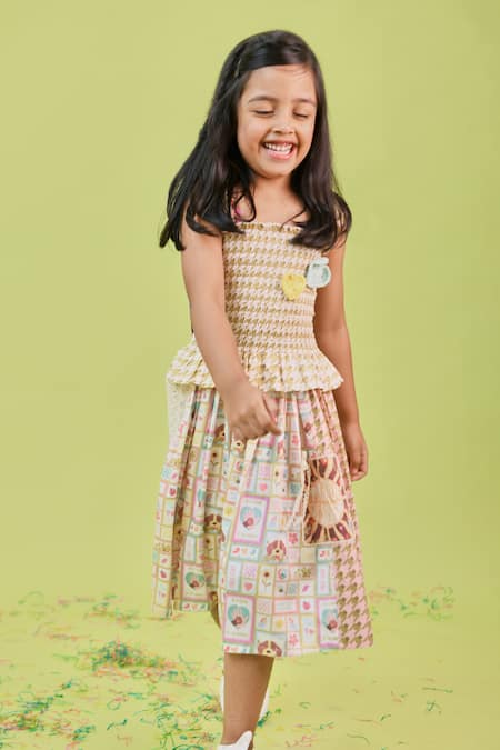 Shop Little Shiro Green Satin, Lizzie Puppy Love And Houndstooth Print Dress at Aza Fashions Shop_Little Shiro_Green Satin, Lizzie Puppy Love And Houndstooth Print Dress_at_Aza_Fashions