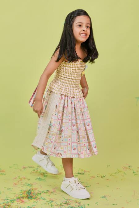 Little Shiro Green Satin, Lizzie Puppy Love And Houndstooth Print Dress Online at Aza Fashions Little Shiro_Green Satin, Lizzie Puppy Love And Houndstooth Print Dress_Online_at_Aza_Fashions