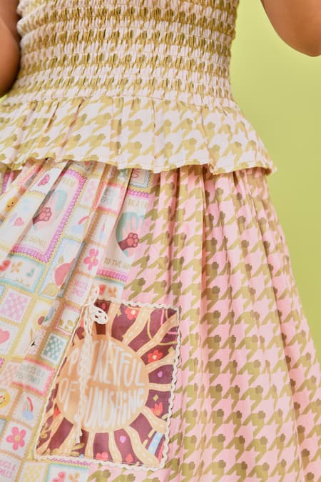 Shop Little Shiro Green Satin, Lizzie Puppy Love And Houndstooth Print Dress Online at Aza Fashions Shop_Little Shiro_Green Satin, Lizzie Puppy Love And Houndstooth Print Dress_Online_at_Aza_Fashions