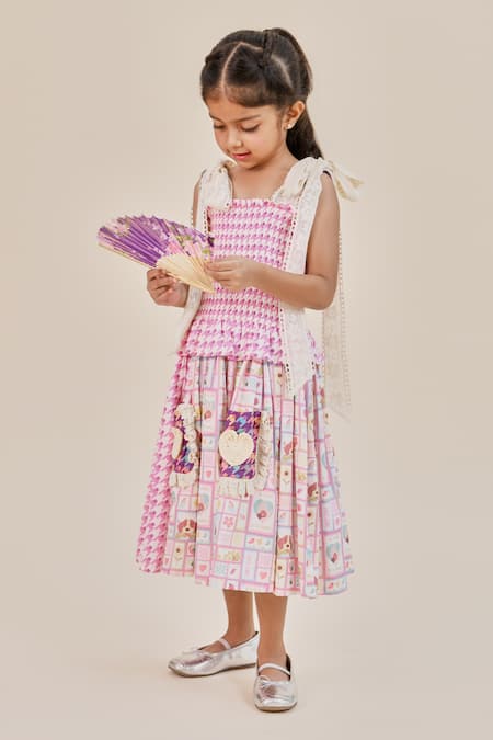 Little Shiro_Purple Satin, Bella Cute Motif And Houndstooth Print Dress_Online_at_Aza_Fashions