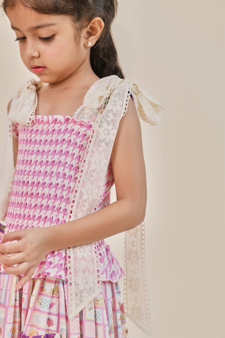 Shop_Little Shiro_Purple Satin, Bella Cute Motif And Houndstooth Print Dress_Online_at_Aza_Fashions