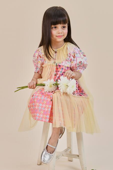 Little Shiro_Pink Cotton Satin, Tulle Chantelle Cute Motif And Houndstooth Print Dress_Online_at_Aza_Fashions
