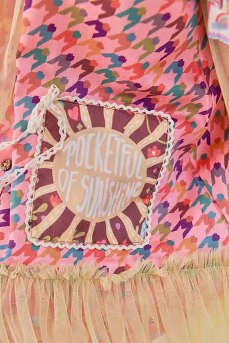 Shop_Little Shiro_Pink Cotton Satin, Tulle Chantelle Cute Motif And Houndstooth Print Dress_Online_at_Aza_Fashions