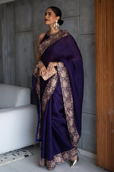 Pink City By Sarika Purple Organza, Silk Zari, Lotus Motif Saree With Unstitched Blouse Piece Online at Aza Fashions Pink City By Sarika_Purple Organza, Silk Zari, Lotus Motif Saree With Unstitched Blouse Piece _Online_at_Aza_Fashions