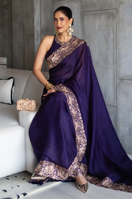 Shop Pink City By Sarika Purple Organza, Silk Zari, Lotus Motif Saree With Unstitched Blouse Piece Online at Aza Fashions Shop_Pink City By Sarika_Purple Organza, Silk Zari, Lotus Motif Saree With Unstitched Blouse Piece _Online_at_Aza_Fashions