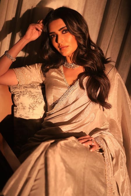 Pink City By Sarika_Silver Tissue Pearls Embroidered Saree With Unstitched Blouse Piece _Online_at_Aza_Fashions