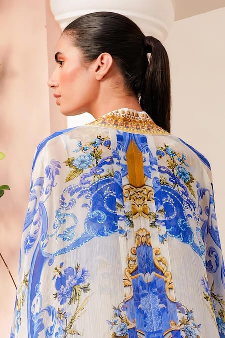 Shop_Zariaah_White Chiffon, Viscose Crystals V-neck, Floral Swirl Print Jacket With Dress _at_Aza_Fashions