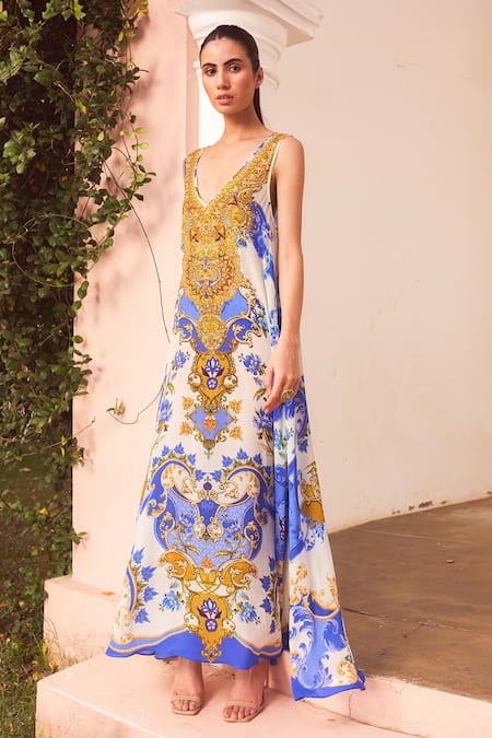 Zariaah_White Viscose, Silk Crystals, Embroidery V-neck Floral Swirl Print Dress _Online_at_Aza_Fashions